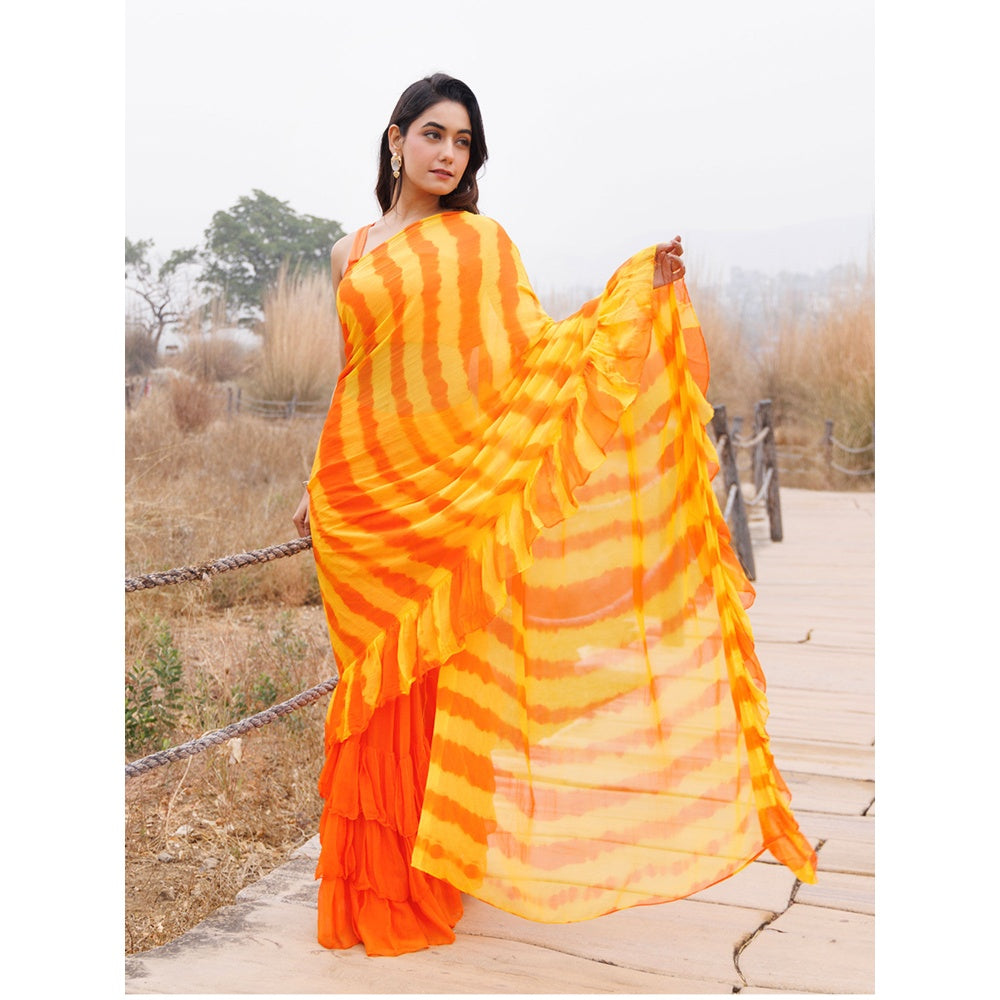 Geroo Jaipur Orange And Yellow Pre-Stitched Chiffon Saree with Unstitched Blouse