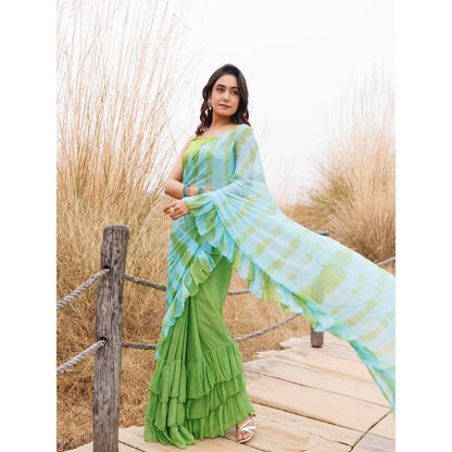 Geroo Jaipur Turquoise And Blue Pre-Stitched Chiffon Saree with Unstitched Blouse
