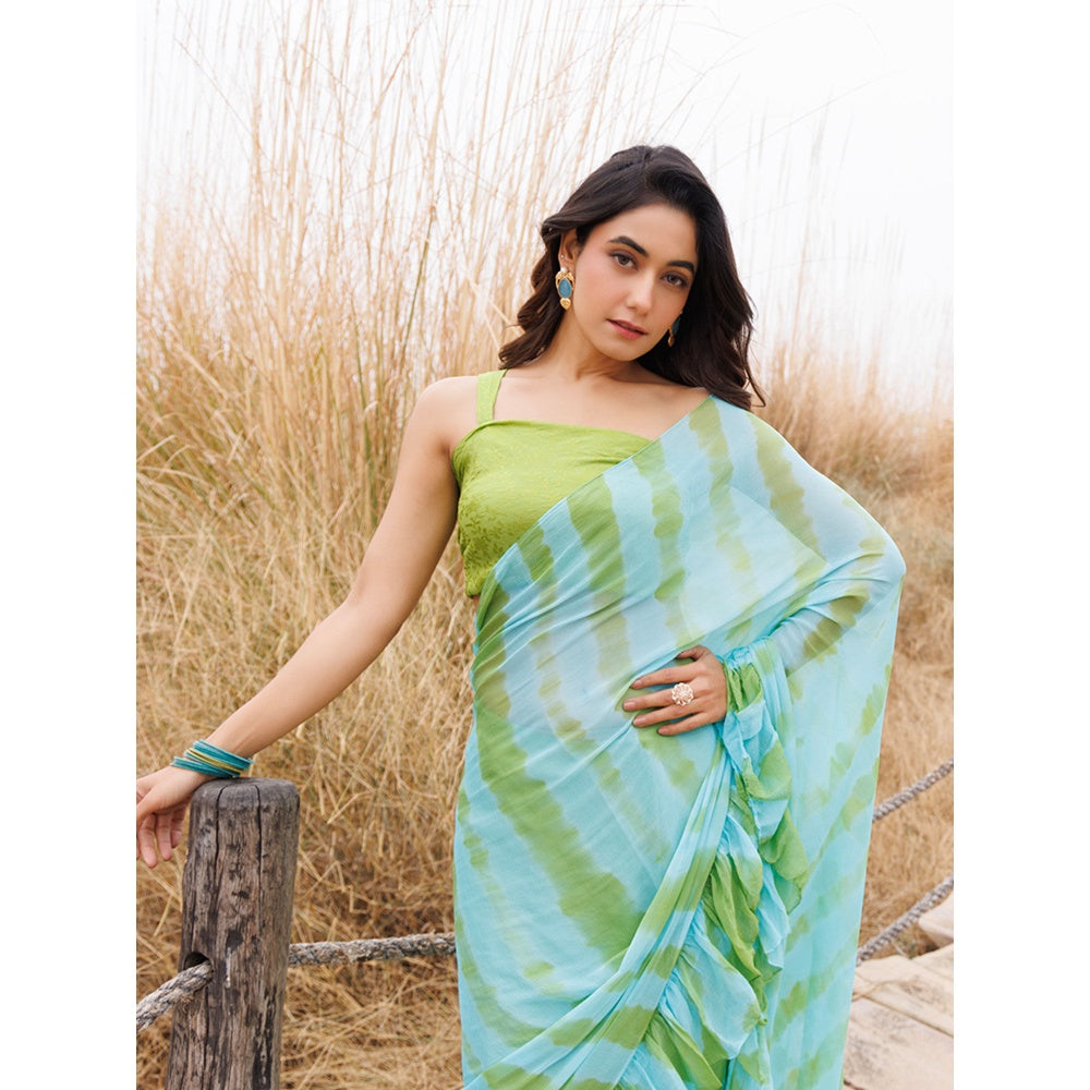Geroo Jaipur Turquoise And Blue Pre-Stitched Chiffon Saree with Unstitched Blouse