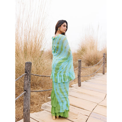 Geroo Jaipur Turquoise And Blue Pre-Stitched Chiffon Saree with Unstitched Blouse
