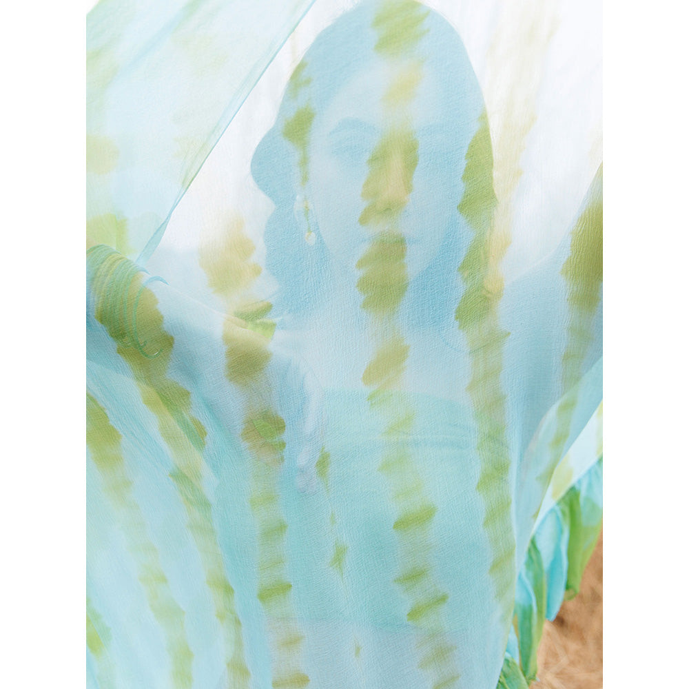 Geroo Jaipur Turquoise And Blue Pre-Stitched Chiffon Saree with Unstitched Blouse