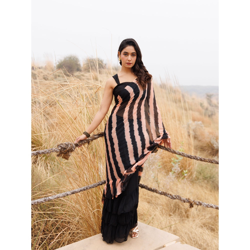 Geroo Jaipur Black And Brown Pre-Stitched Chiffon Saree with Unstitched Blouse