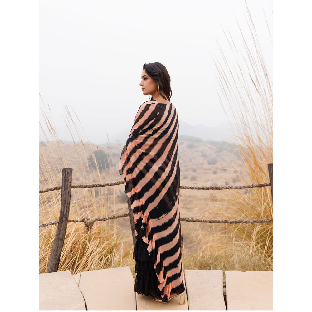 Geroo Jaipur Black And Brown Pre-Stitched Chiffon Saree with Unstitched Blouse