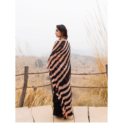 Geroo Jaipur Black And Brown Pre-Stitched Chiffon Saree with Unstitched Blouse