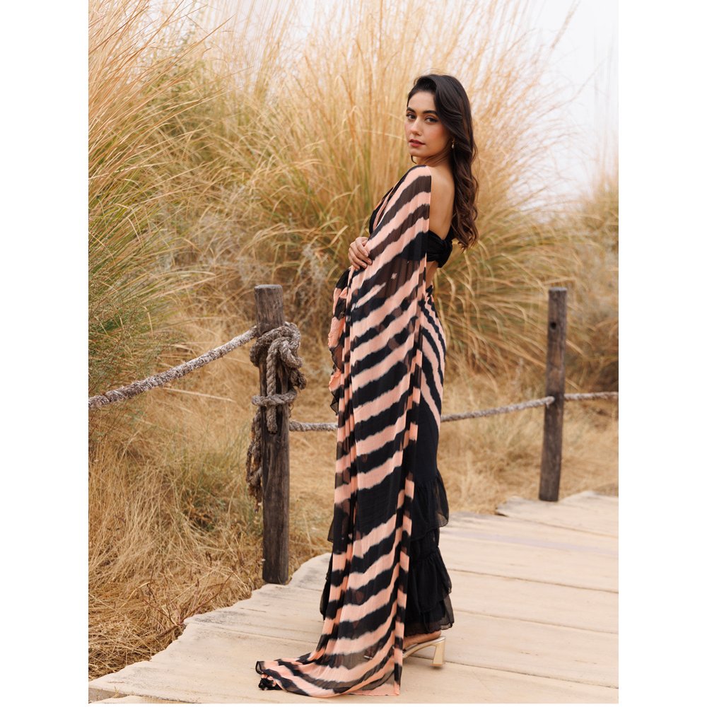 Geroo Jaipur Black And Brown Pre-Stitched Chiffon Saree with Unstitched Blouse