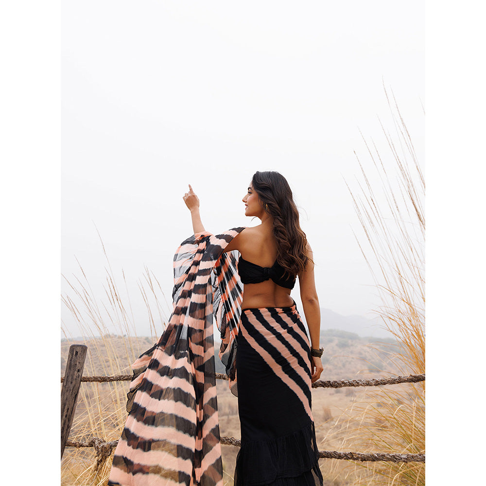 Geroo Jaipur Black And Brown Pre-Stitched Chiffon Saree with Unstitched Blouse