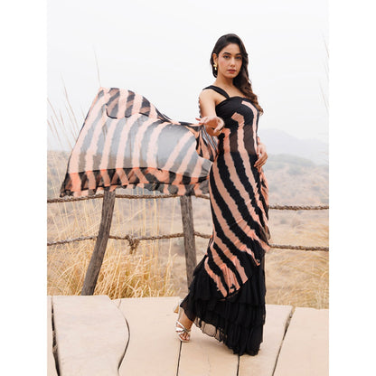 Geroo Jaipur Black And Brown Pre-Stitched Chiffon Saree with Unstitched Blouse
