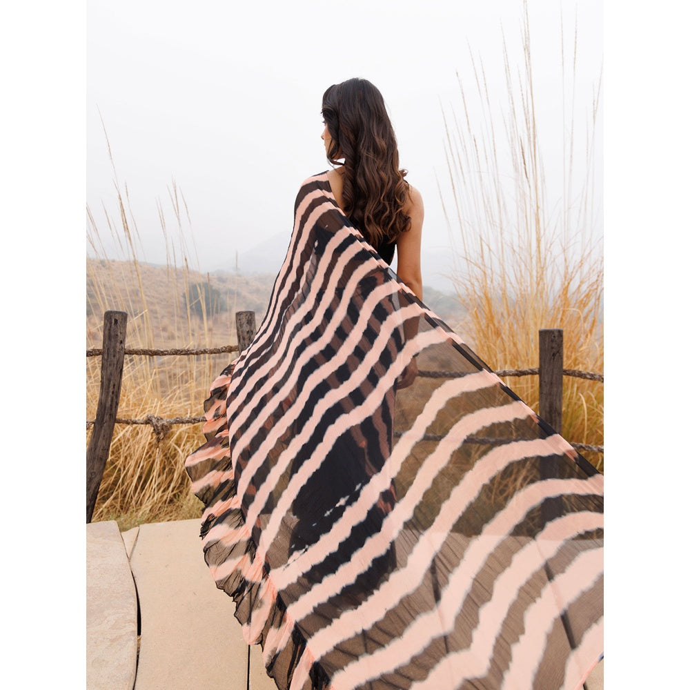 Geroo Jaipur Black And Brown Pre-Stitched Chiffon Saree with Unstitched Blouse