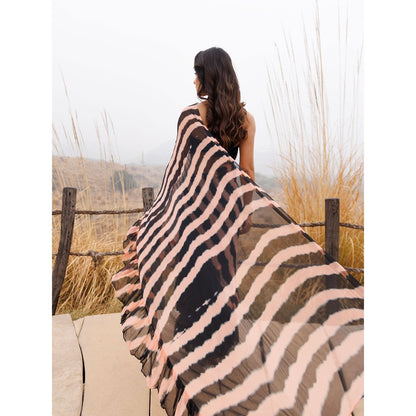 Geroo Jaipur Black And Brown Pre-Stitched Chiffon Saree with Unstitched Blouse