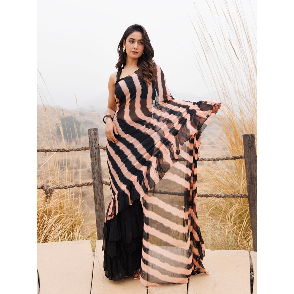 Geroo Jaipur Black And Brown Pre-Stitched Chiffon Saree with Unstitched Blouse