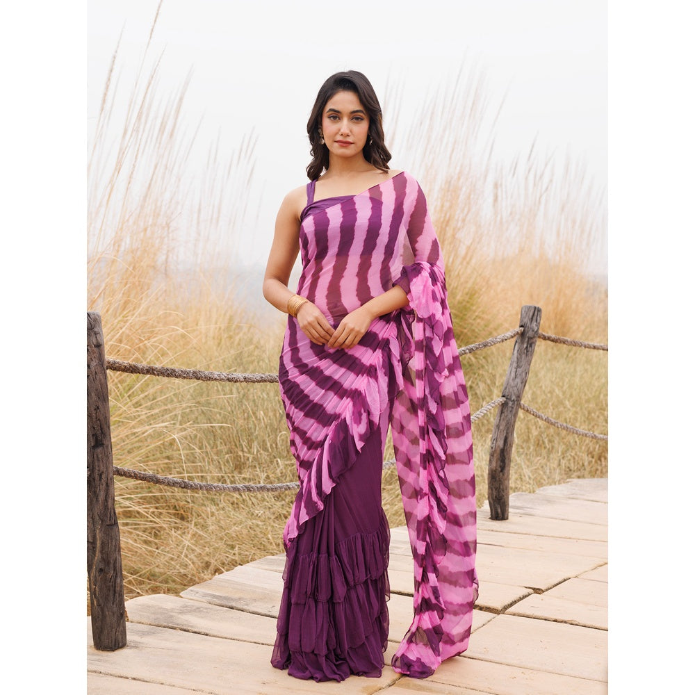 Geroo Jaipur Purple And Pink Pre-Stitched Chiffon Saree with Unstitched Blouse