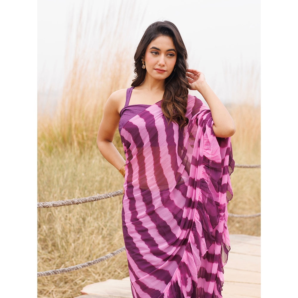 Geroo Jaipur Purple And Pink Pre-Stitched Chiffon Saree with Unstitched Blouse