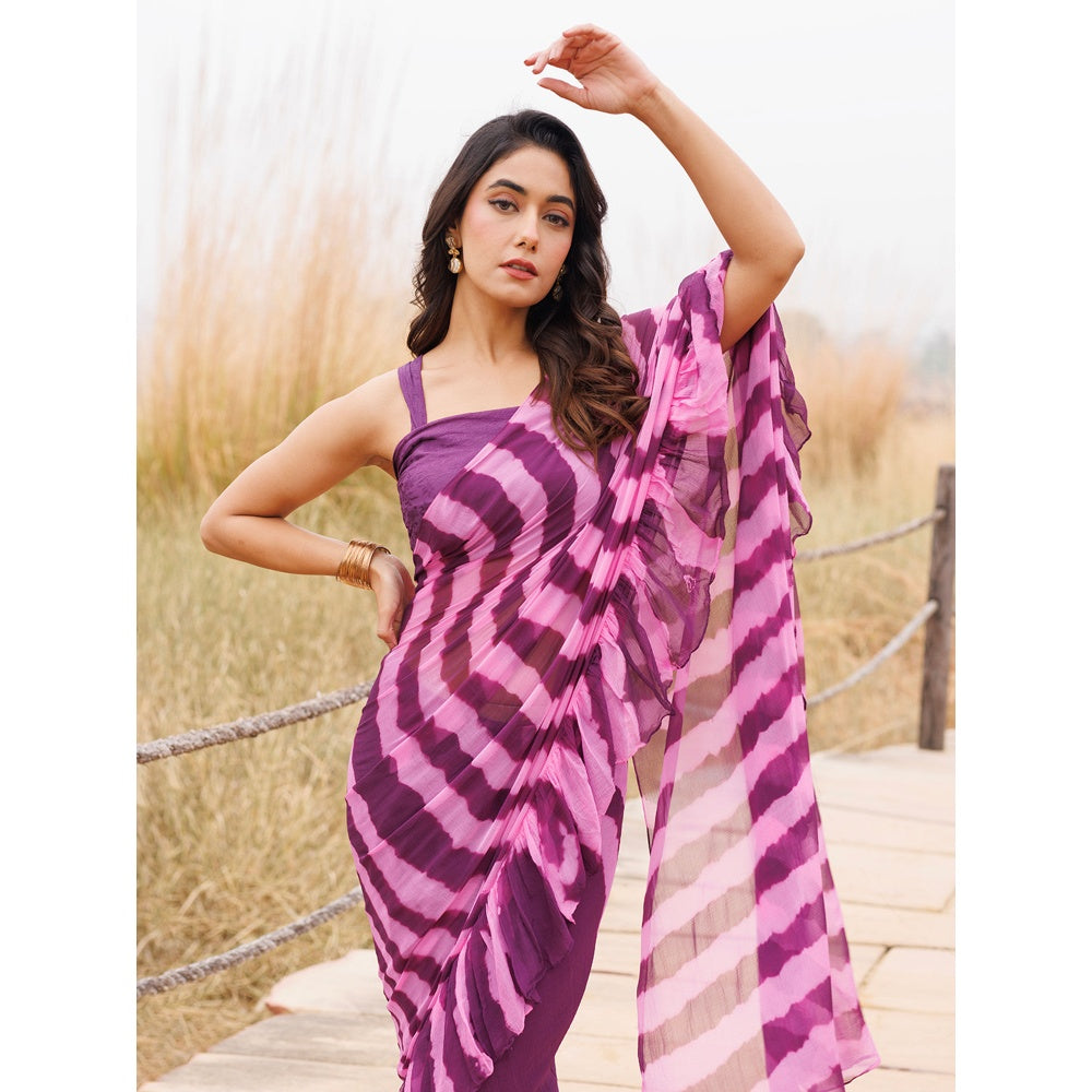Geroo Jaipur Purple And Pink Pre-Stitched Chiffon Saree with Unstitched Blouse