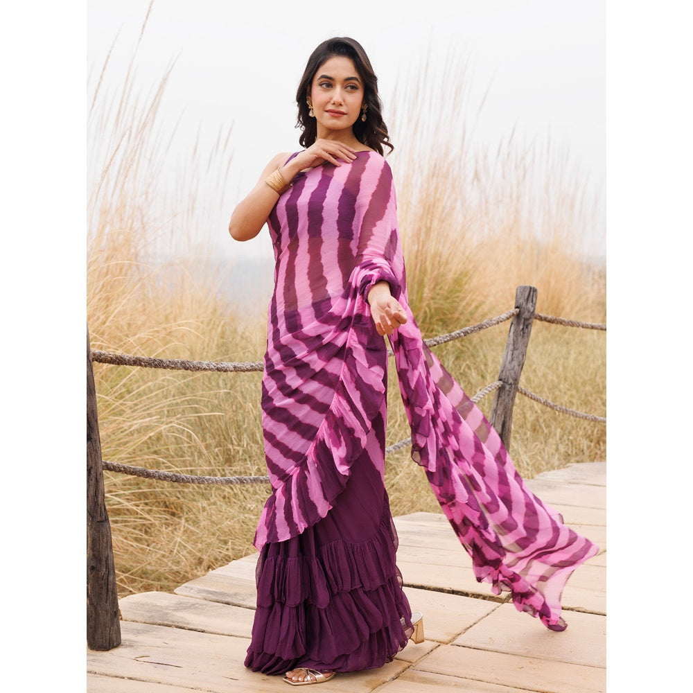 Geroo Jaipur Purple And Pink Pre-Stitched Chiffon Saree with Unstitched Blouse