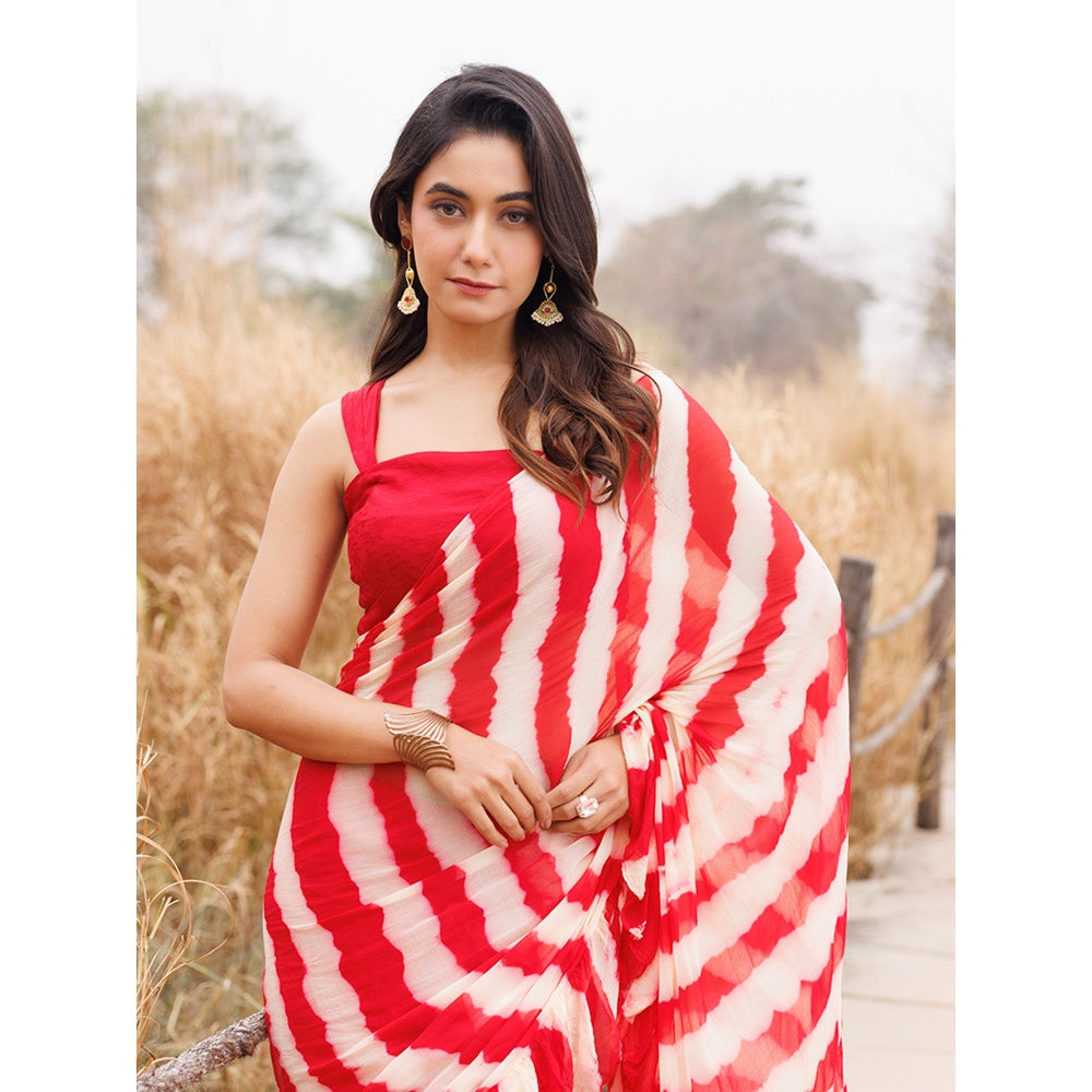 Geroo Jaipur Red And Yellow Pre-Stitched Chiffon Saree with Unstitched Blouse
