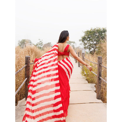 Geroo Jaipur Red And Yellow Pre-Stitched Chiffon Saree with Unstitched Blouse
