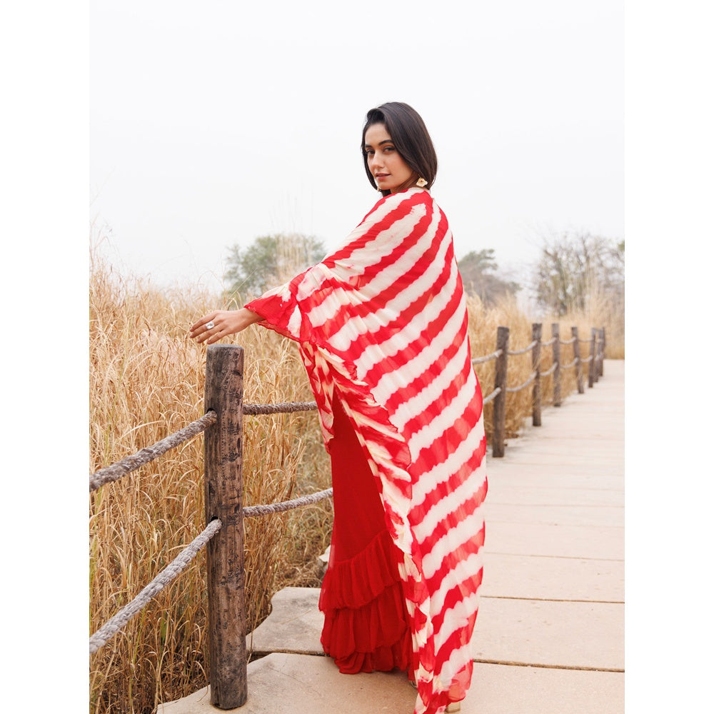 Geroo Jaipur Red And Yellow Pre-Stitched Chiffon Saree with Unstitched Blouse