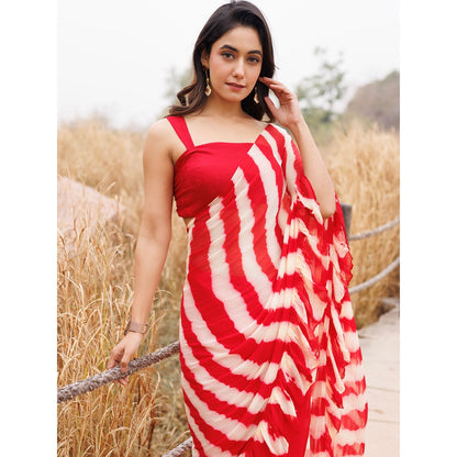 Geroo Jaipur Red And Yellow Pre-Stitched Chiffon Saree with Unstitched Blouse