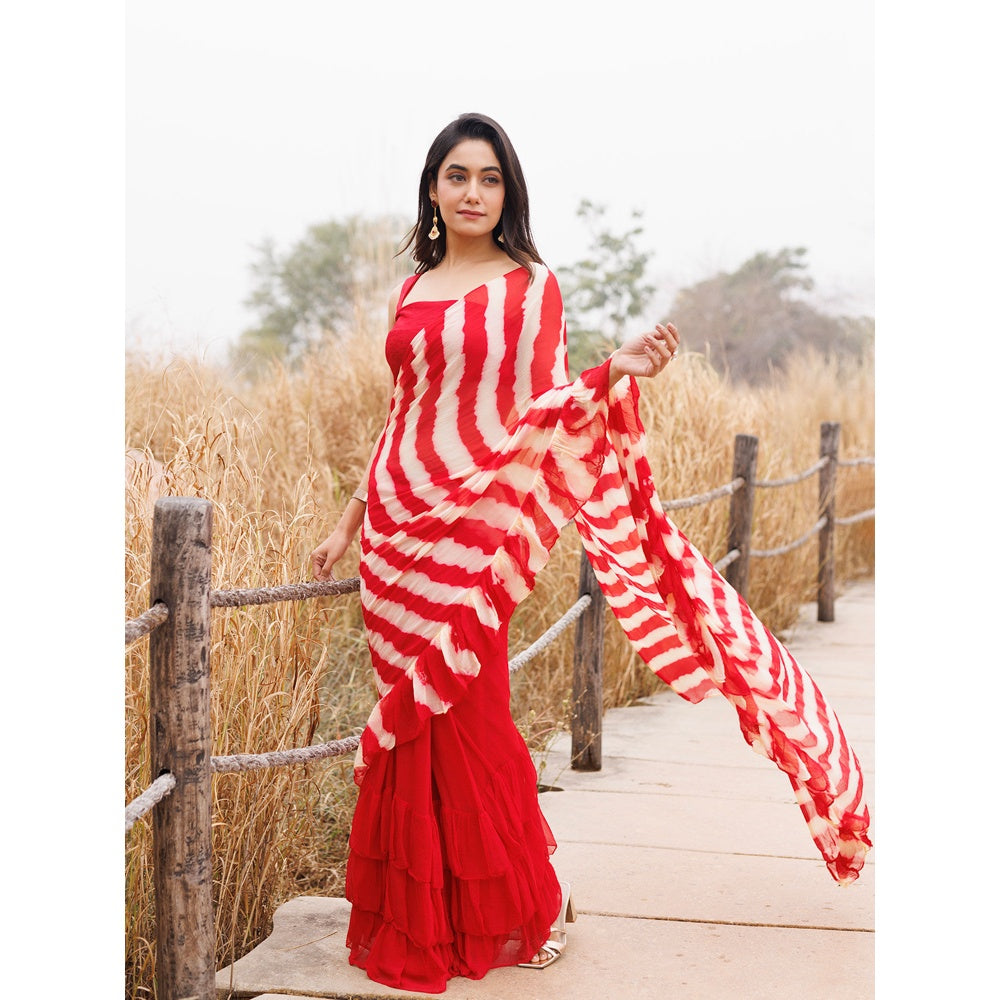 Geroo Jaipur Red And Yellow Pre-Stitched Chiffon Saree with Unstitched Blouse