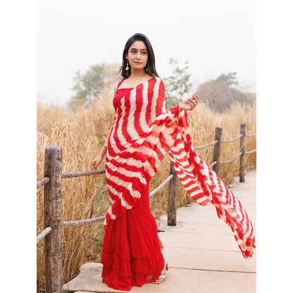 Geroo Jaipur Red And Yellow Pre-Stitched Chiffon Saree with Unstitched Blouse