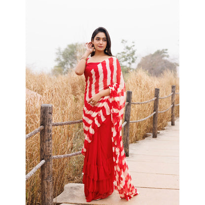 Geroo Jaipur Red And Yellow Pre-Stitched Chiffon Saree with Unstitched Blouse