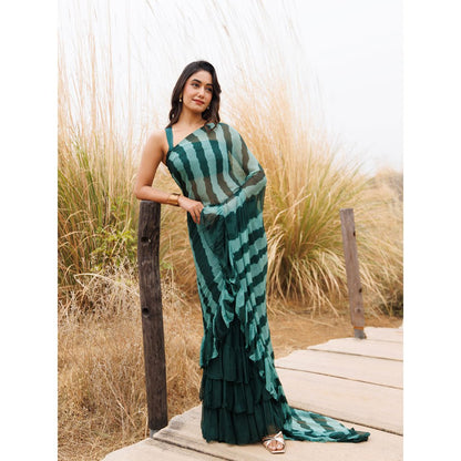Geroo Jaipur Teal Pre-Stitched Chiffon Saree with Unstitched Blouse