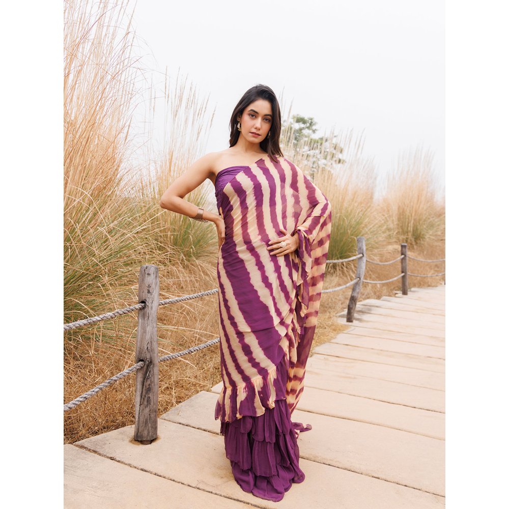 Geroo Jaipur Purple And Beige Pre-Stitched Chiffon Saree with Unstitched Blouse