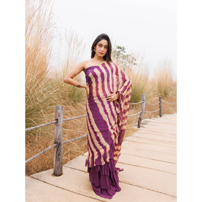 Geroo Jaipur Purple And Beige Pre-Stitched Chiffon Saree with Unstitched Blouse