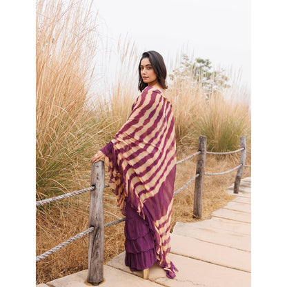 Geroo Jaipur Purple And Beige Pre-Stitched Chiffon Saree with Unstitched Blouse