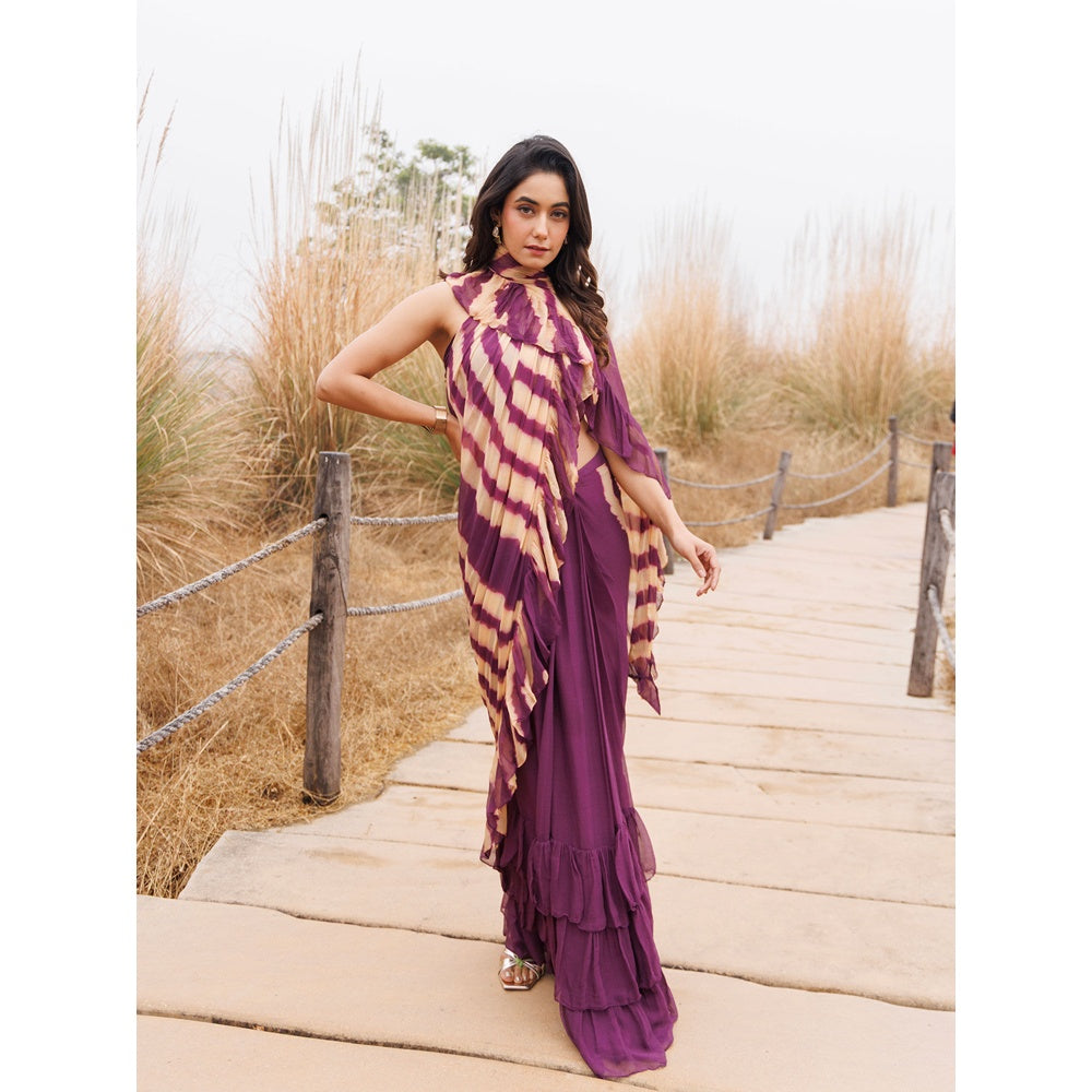 Geroo Jaipur Purple And Beige Pre-Stitched Chiffon Saree with Unstitched Blouse