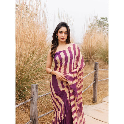 Geroo Jaipur Purple And Beige Pre-Stitched Chiffon Saree with Unstitched Blouse