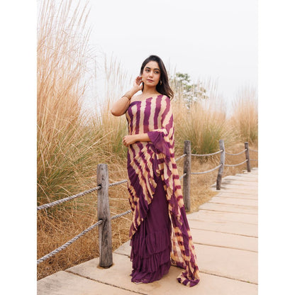 Geroo Jaipur Purple And Beige Pre-Stitched Chiffon Saree with Unstitched Blouse