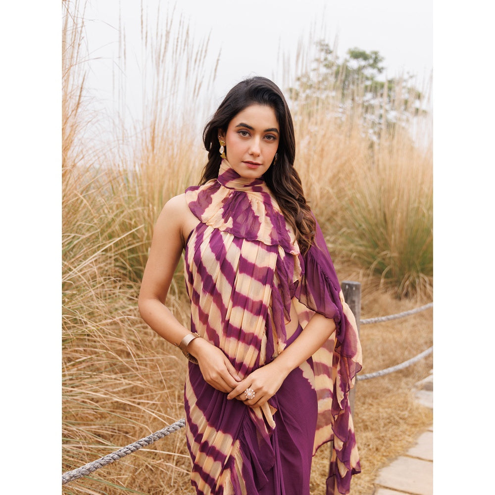 Geroo Jaipur Purple And Beige Pre-Stitched Chiffon Saree with Unstitched Blouse