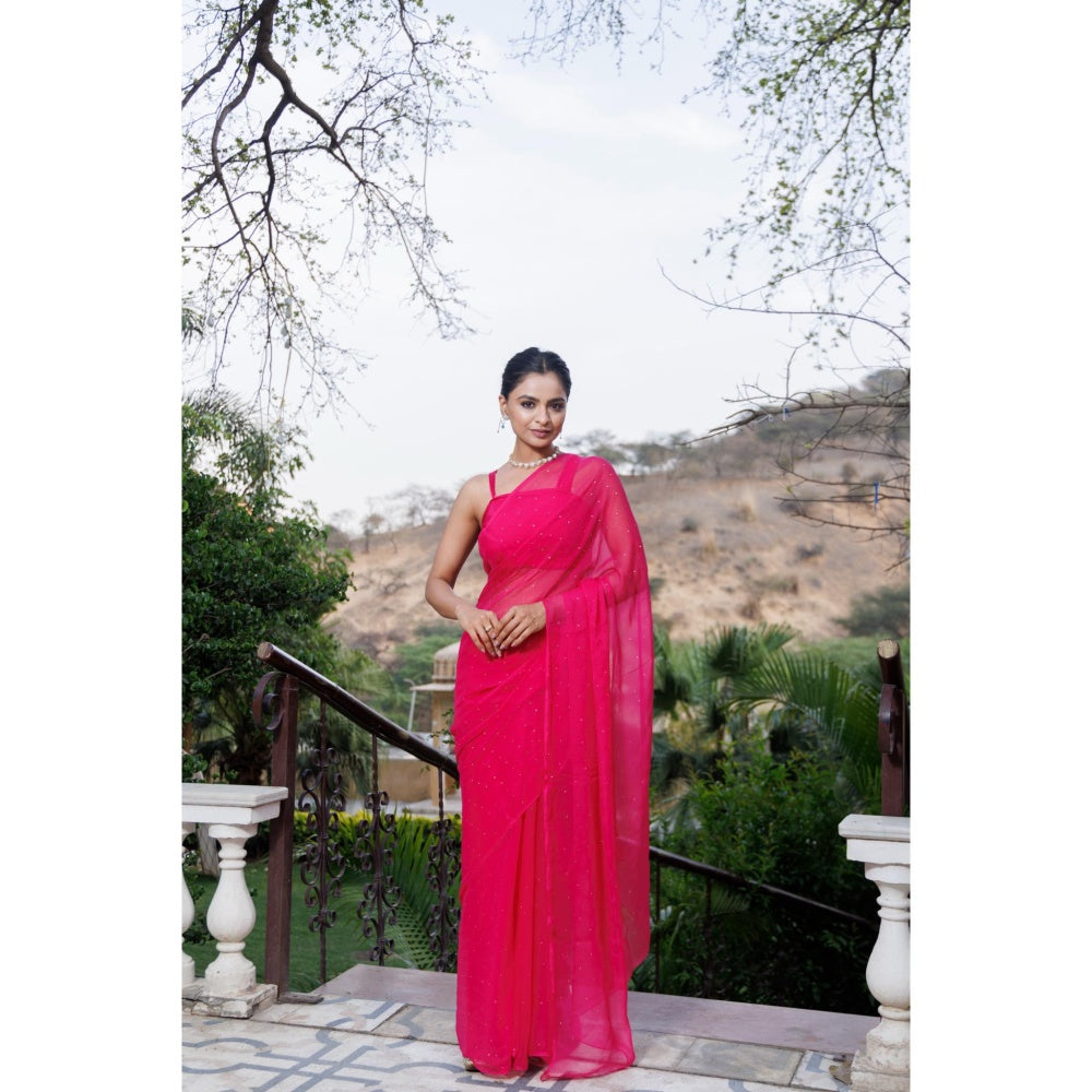 Geroo Jaipur Pink Hand Embroidered Mukaish Chiffon Saree with Unstitched Blouse