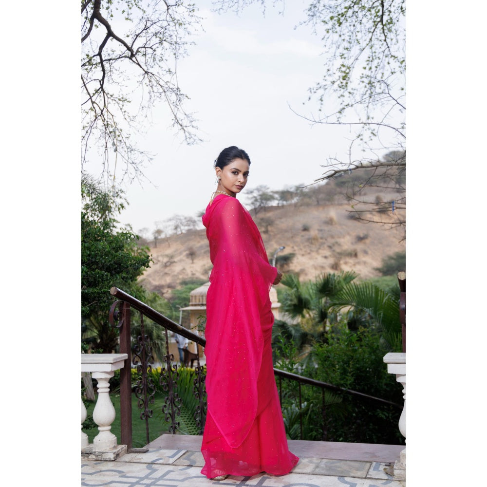 Geroo Jaipur Pink Hand Embroidered Mukaish Chiffon Saree with Unstitched Blouse