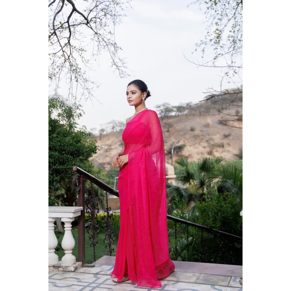 Geroo Jaipur Pink Hand Embroidered Mukaish Chiffon Saree with Unstitched Blouse
