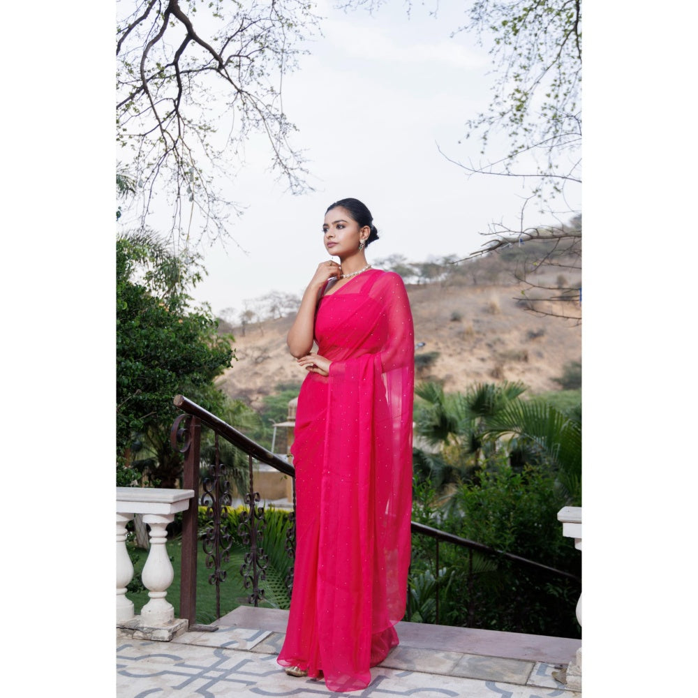 Geroo Jaipur Pink Hand Embroidered Mukaish Chiffon Saree with Unstitched Blouse
