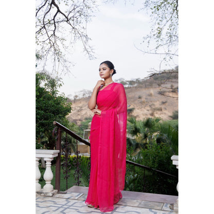 Geroo Jaipur Pink Hand Embroidered Mukaish Chiffon Saree with Unstitched Blouse