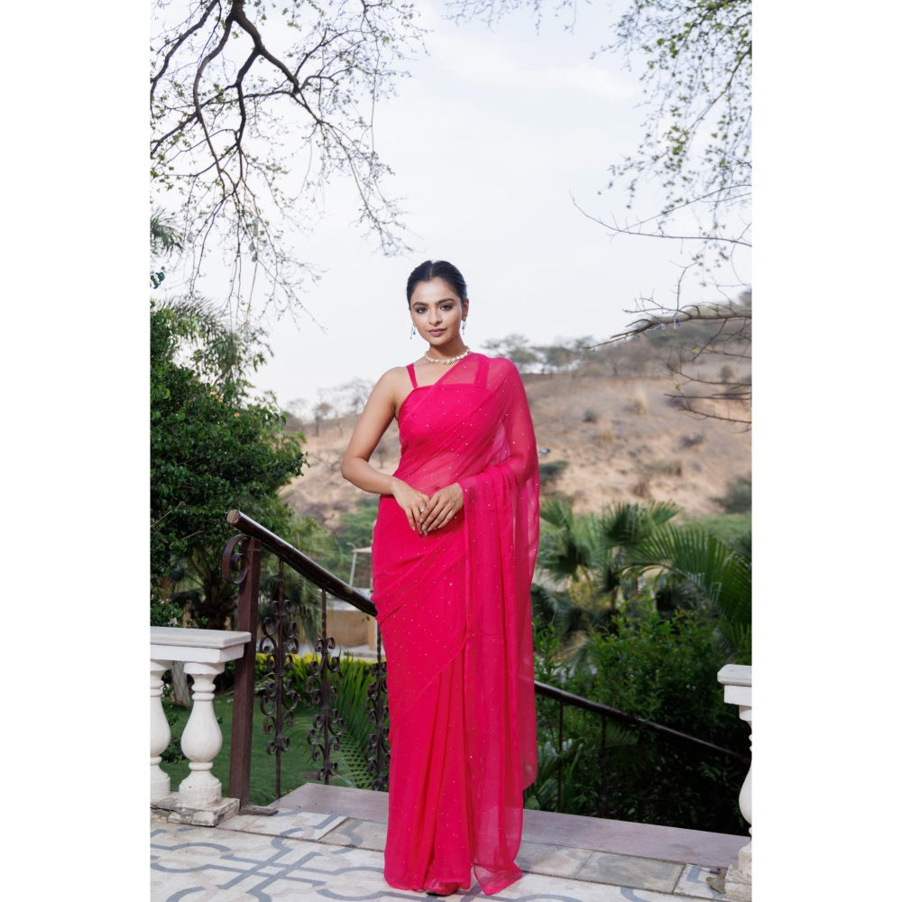 Geroo Jaipur Pink Hand Embroidered Mukaish Chiffon Saree with Unstitched Blouse