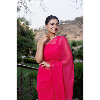 Geroo Jaipur Pink Hand Embroidered Mukaish Chiffon Saree with Unstitched Blouse