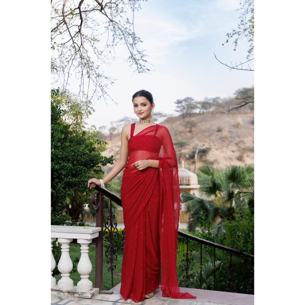 Geroo Jaipur Cherry Red Hand Embroidered Mukaish Chiffon Saree with Unstitched Blouse