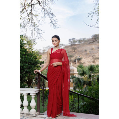 Geroo Jaipur Cherry Red Hand Embroidered Mukaish Chiffon Saree with Unstitched Blouse