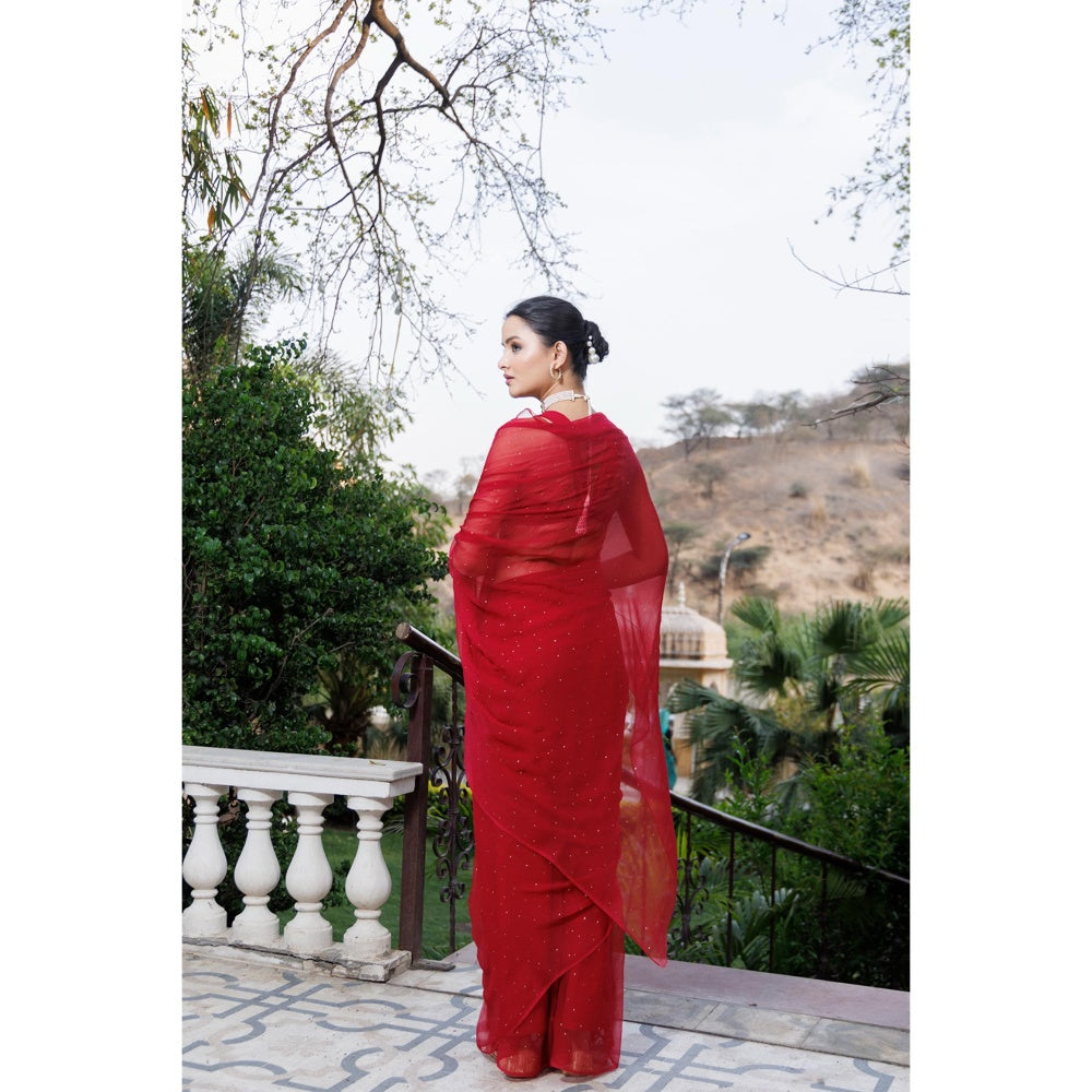 Geroo Jaipur Cherry Red Hand Embroidered Mukaish Chiffon Saree with Unstitched Blouse