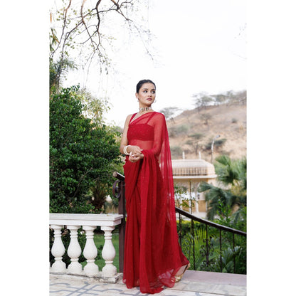 Geroo Jaipur Cherry Red Hand Embroidered Mukaish Chiffon Saree with Unstitched Blouse