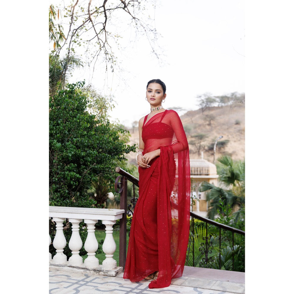 Geroo Jaipur Cherry Red Hand Embroidered Mukaish Chiffon Saree with Unstitched Blouse