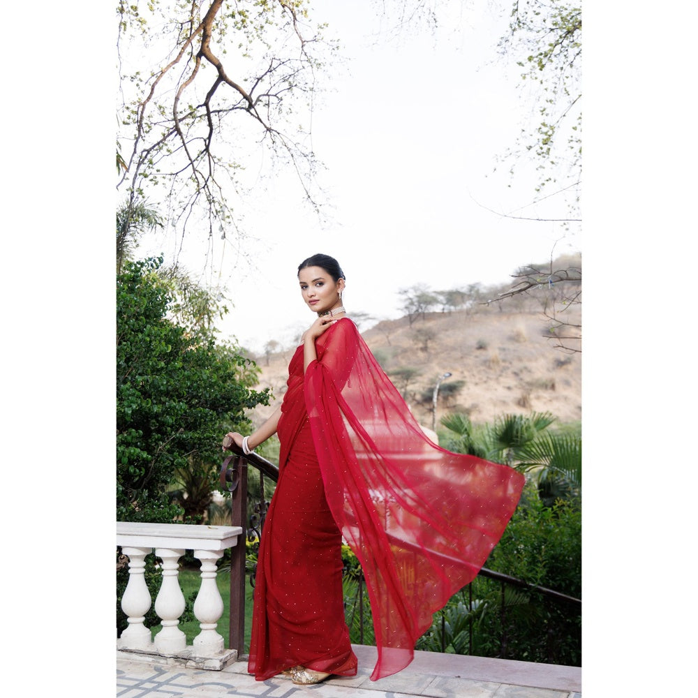 Geroo Jaipur Cherry Red Hand Embroidered Mukaish Chiffon Saree with Unstitched Blouse