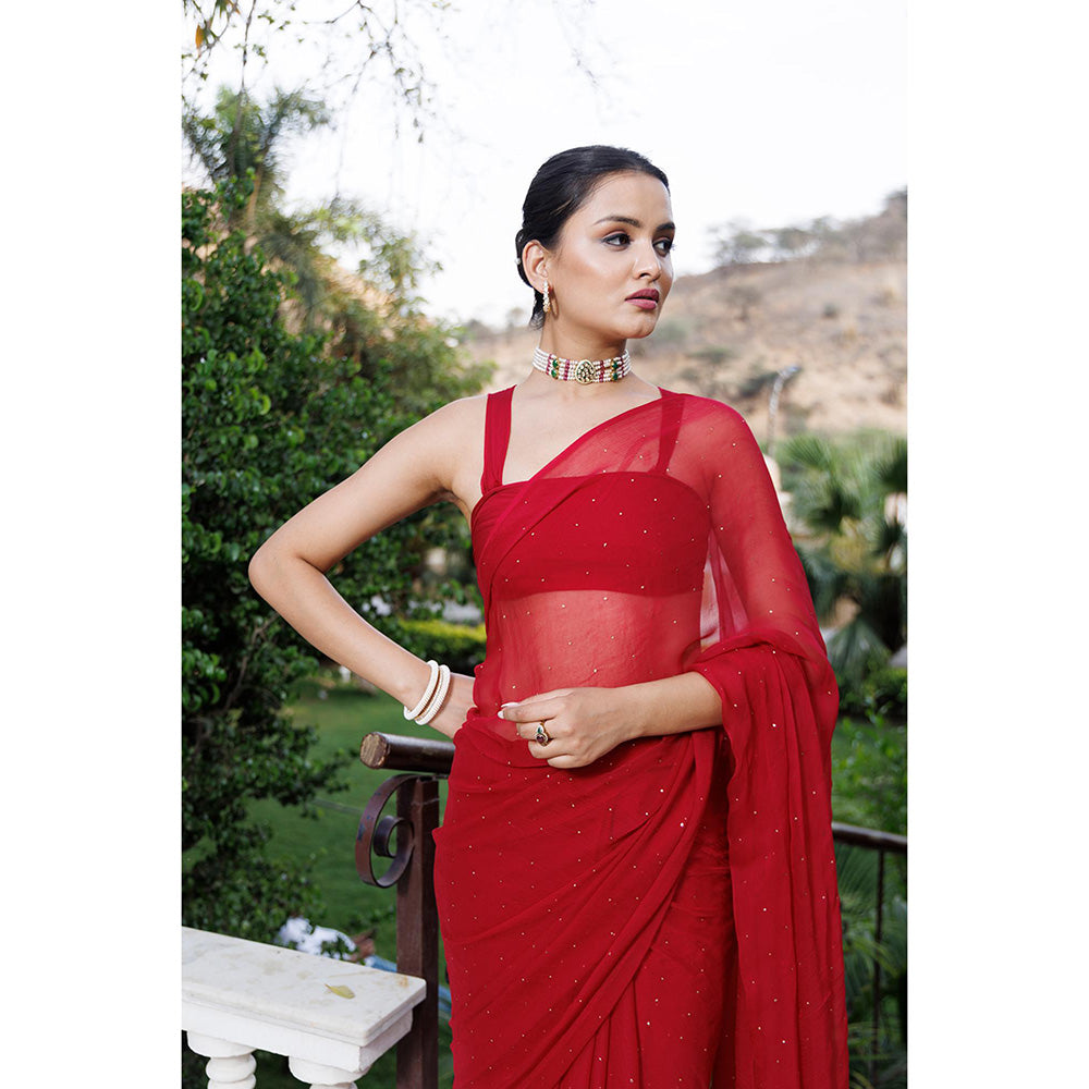 Geroo Jaipur Cherry Red Hand Embroidered Mukaish Chiffon Saree with Unstitched Blouse