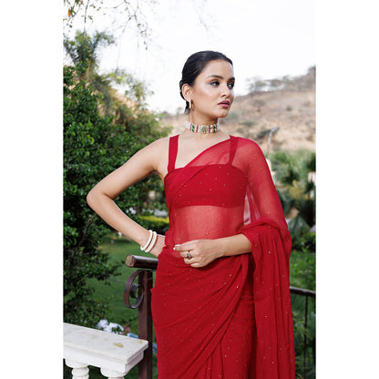 Geroo Jaipur Cherry Red Hand Embroidered Mukaish Chiffon Saree with Unstitched Blouse