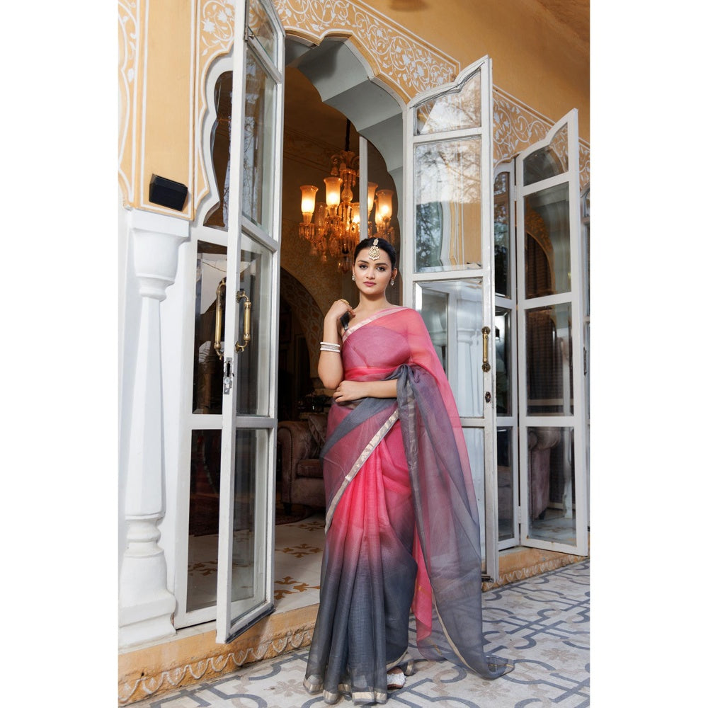 Geroo Jaipur Grey Pure Kota Silk Hand Dyed Saree with Unstitched Blouse