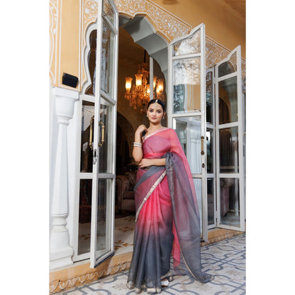 Geroo Jaipur Grey Pure Kota Silk Hand Dyed Saree with Unstitched Blouse